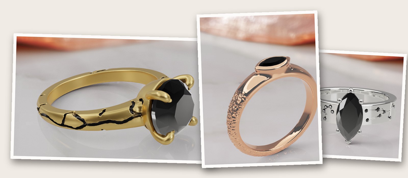 REMNANT by Diana Rafael: the Kintsugi ring in yellow gold lying on marble, the Disturbed ring in rose gold standing, and a white gold Constellation ring close up, laid over each other like prints on a page