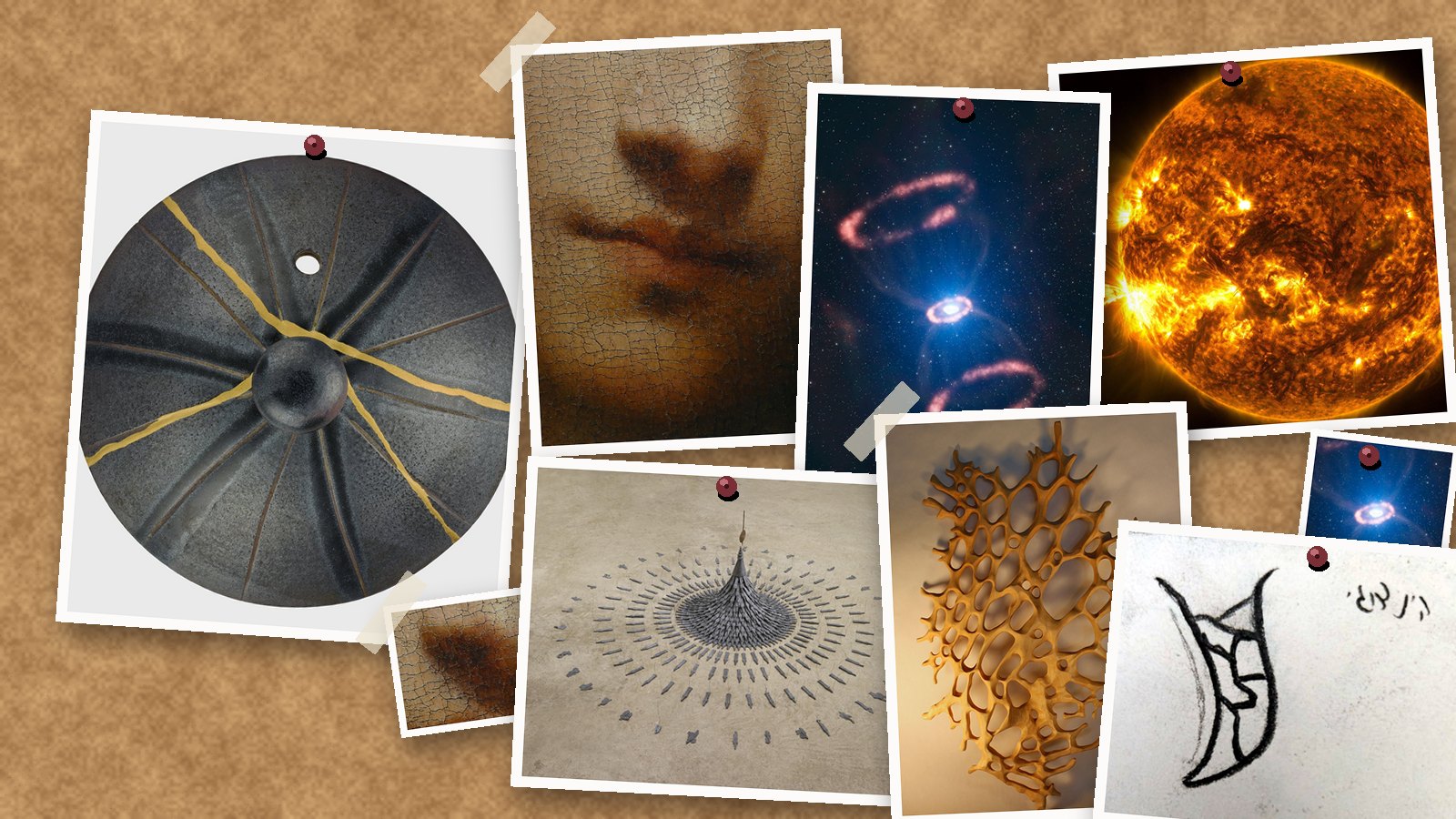 The REMNANT moodboard on a cork board: a lid mended with gold, craquelure on an old painting, a supernova remnant, the sun, a radial installation, a gold lattice and a first pencil sketch of the Kintsugi ring, pinned and taped