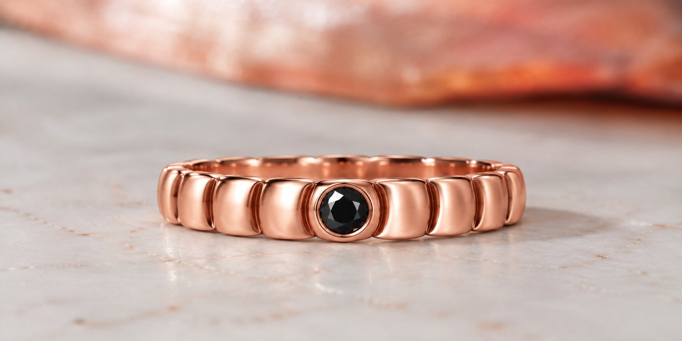 Gravitational Wave wedding band in rose gold with one bezel-set black diamond
